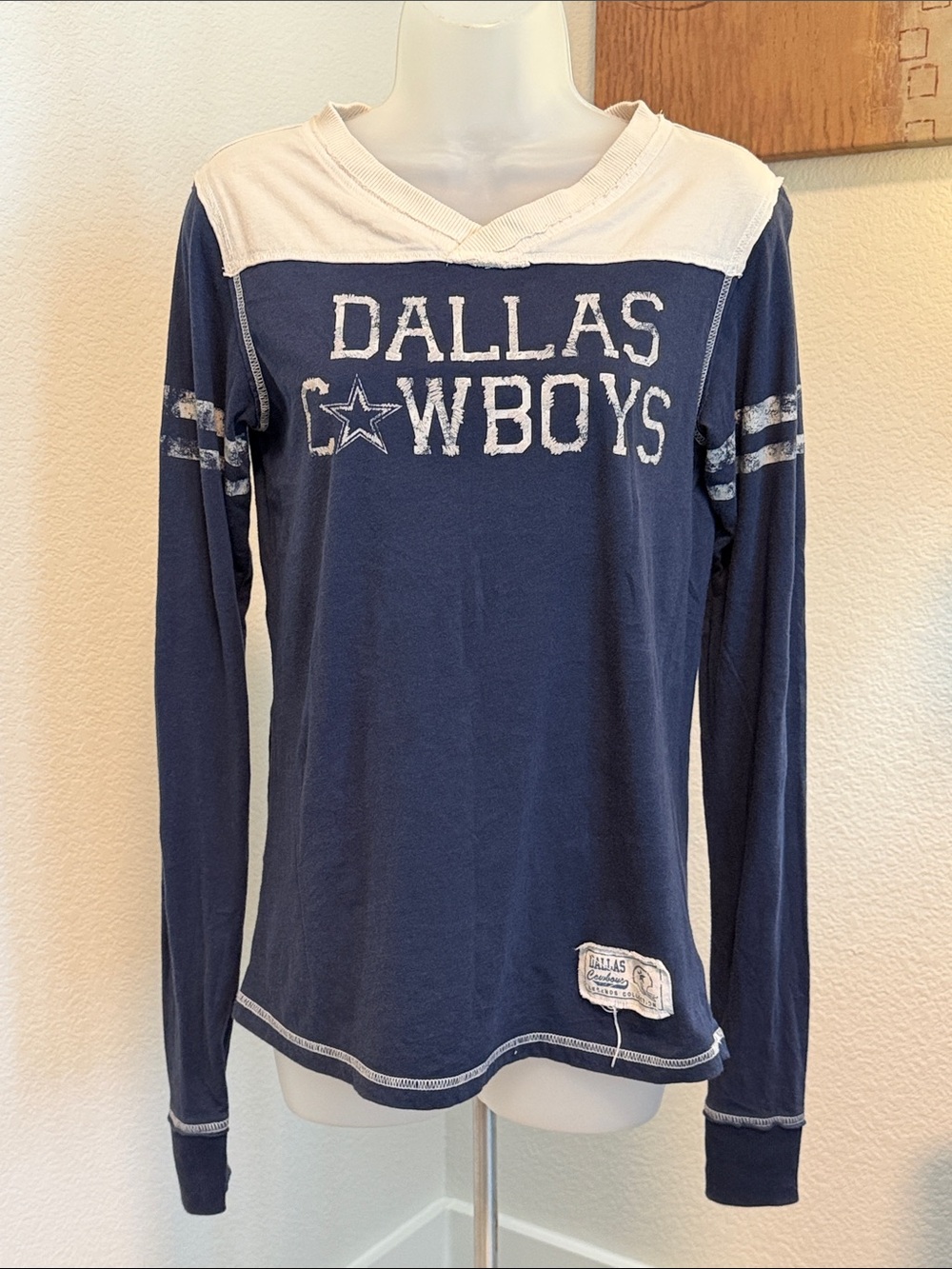 NFL Navy and White Dallas Cowboys Women’s Distressed Long-Sleeve V-Neck Top
